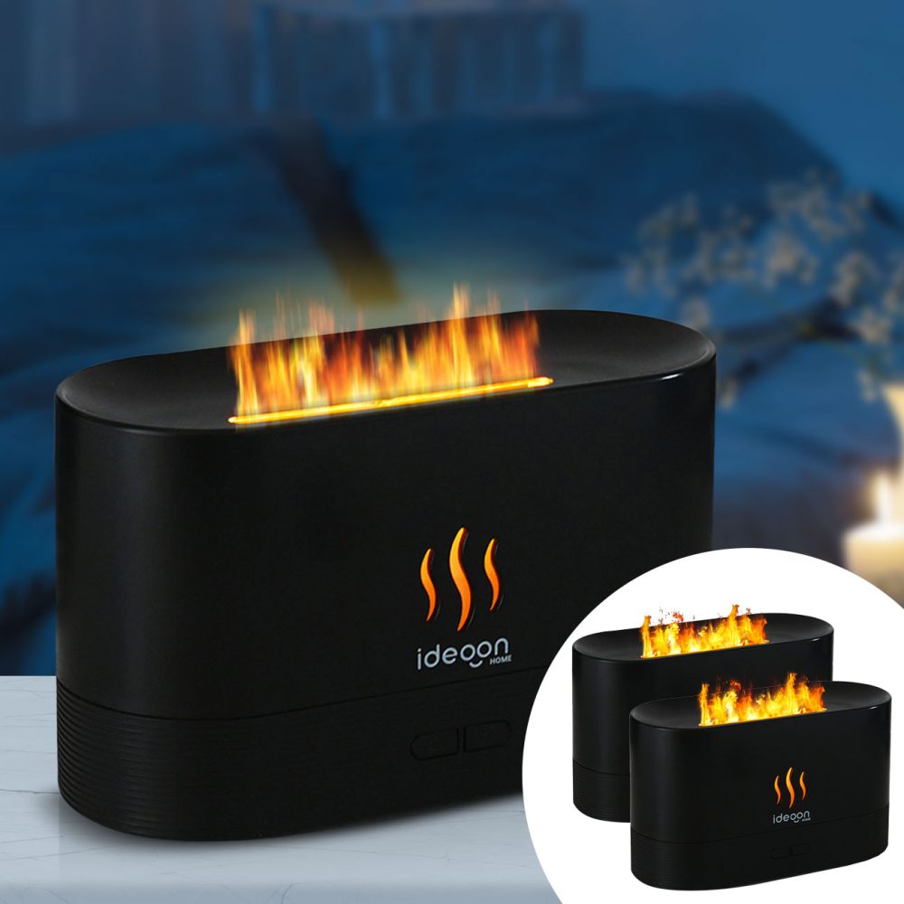 2er-Set Ultraschall-Aroma-Diffuser mit zuschaltbarem LED-Flammeneffekt, USB