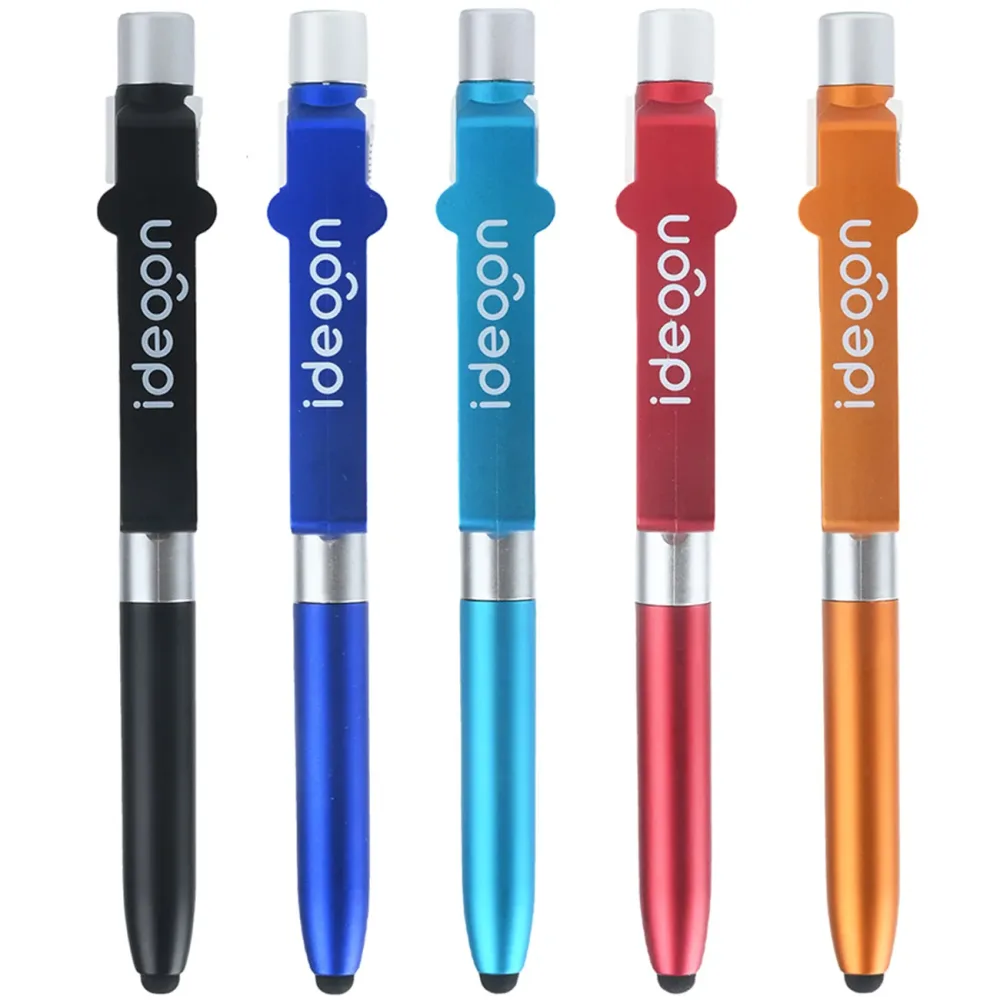 4in1-Kugelschreiber mit LED-Leuchte, Touchpen und Handy-Halter, 5er-Set