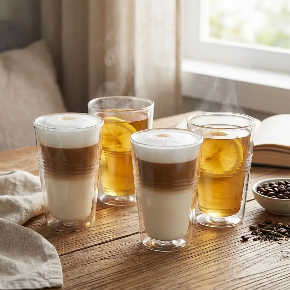 4er-Set Thermogläser mit Riffelung, doppelwandig, 300 ml