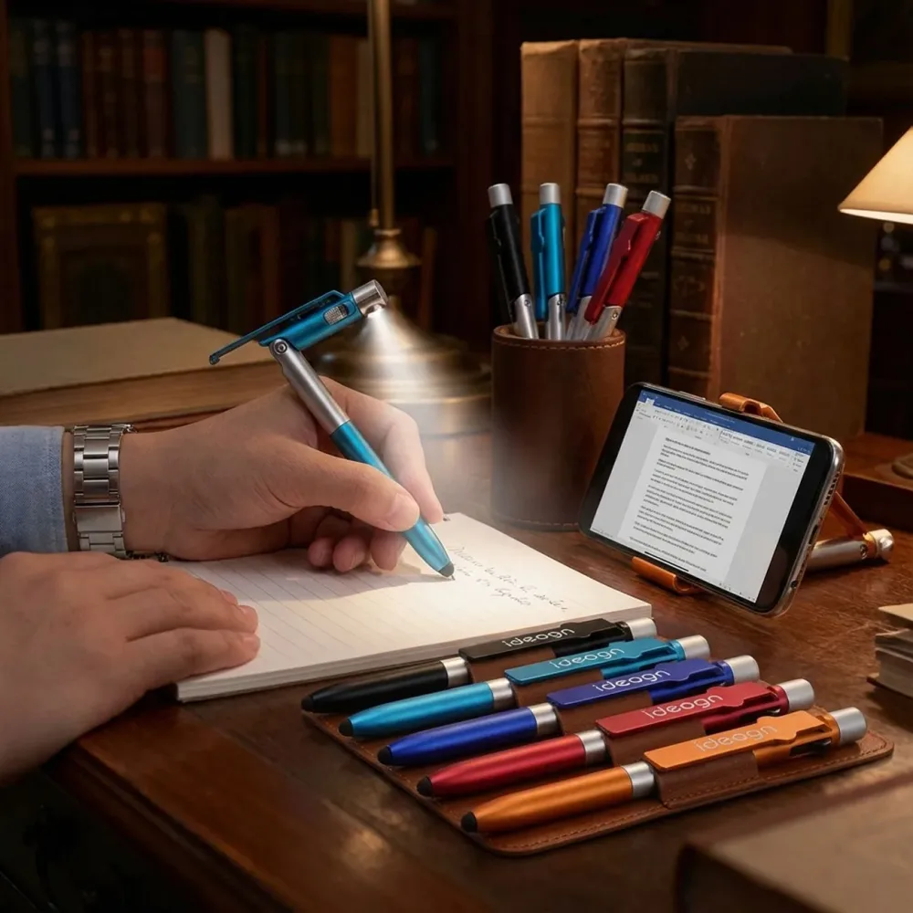 4in1-Kugelschreiber mit LED-Leuchte, Touchpen und Handy-Halter, 10er-Set