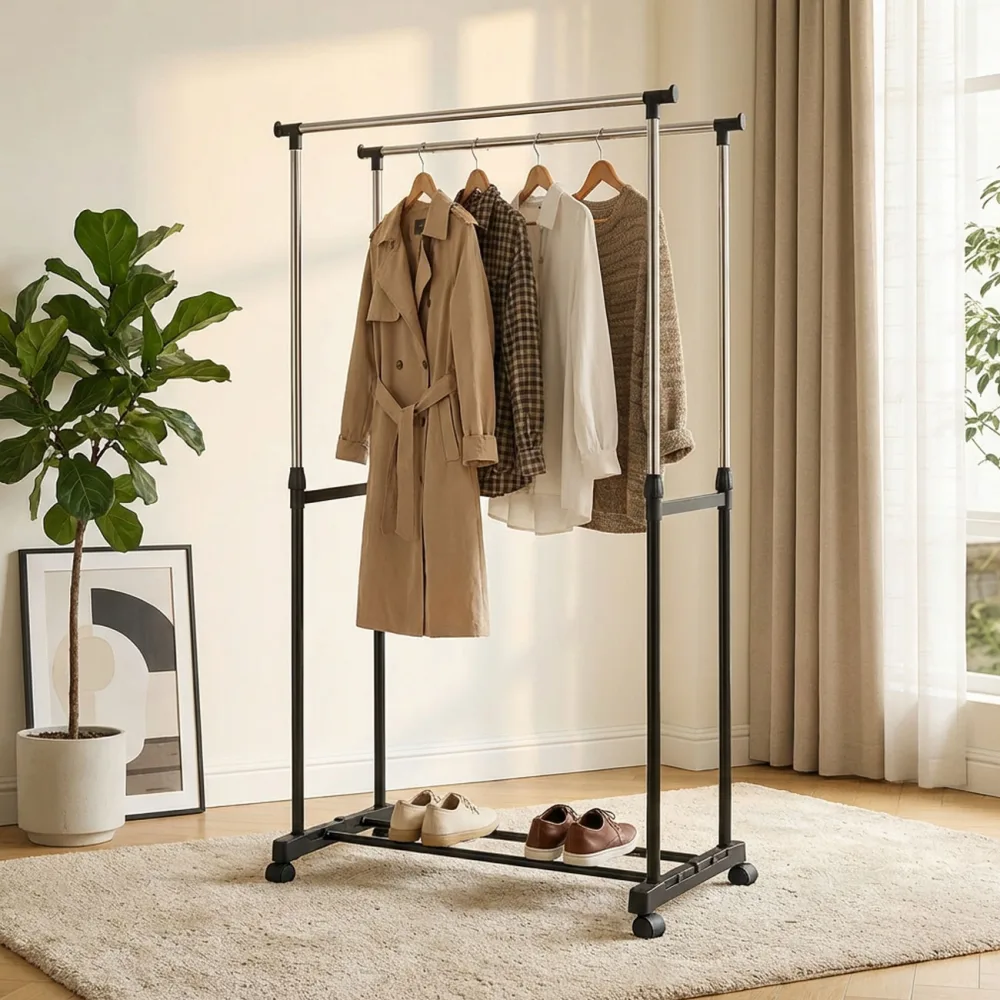 Doppel Kleiderständer, mit Rollen, Kleiderstange ausziehbar 90 cm- 160 cm