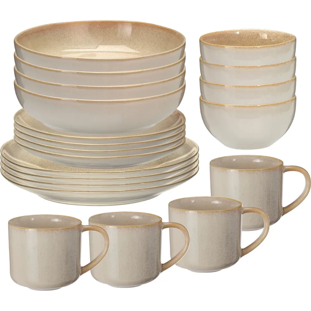 Steinzeug Geschirrset 20-teilig: 4 Becher, 4 Schalen, 12 Teller