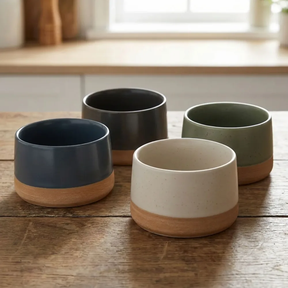 4er-Set Schalen aus Steinzeug, dunkelblau/anthrazit/creme/dunkelgrün, Ø9,5 x H5,5 cm