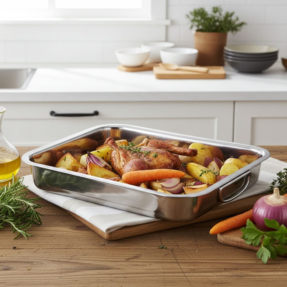 Backofen Bräter aus Edelstahl mit Rost & Griffen, 37x28x5,5 cm