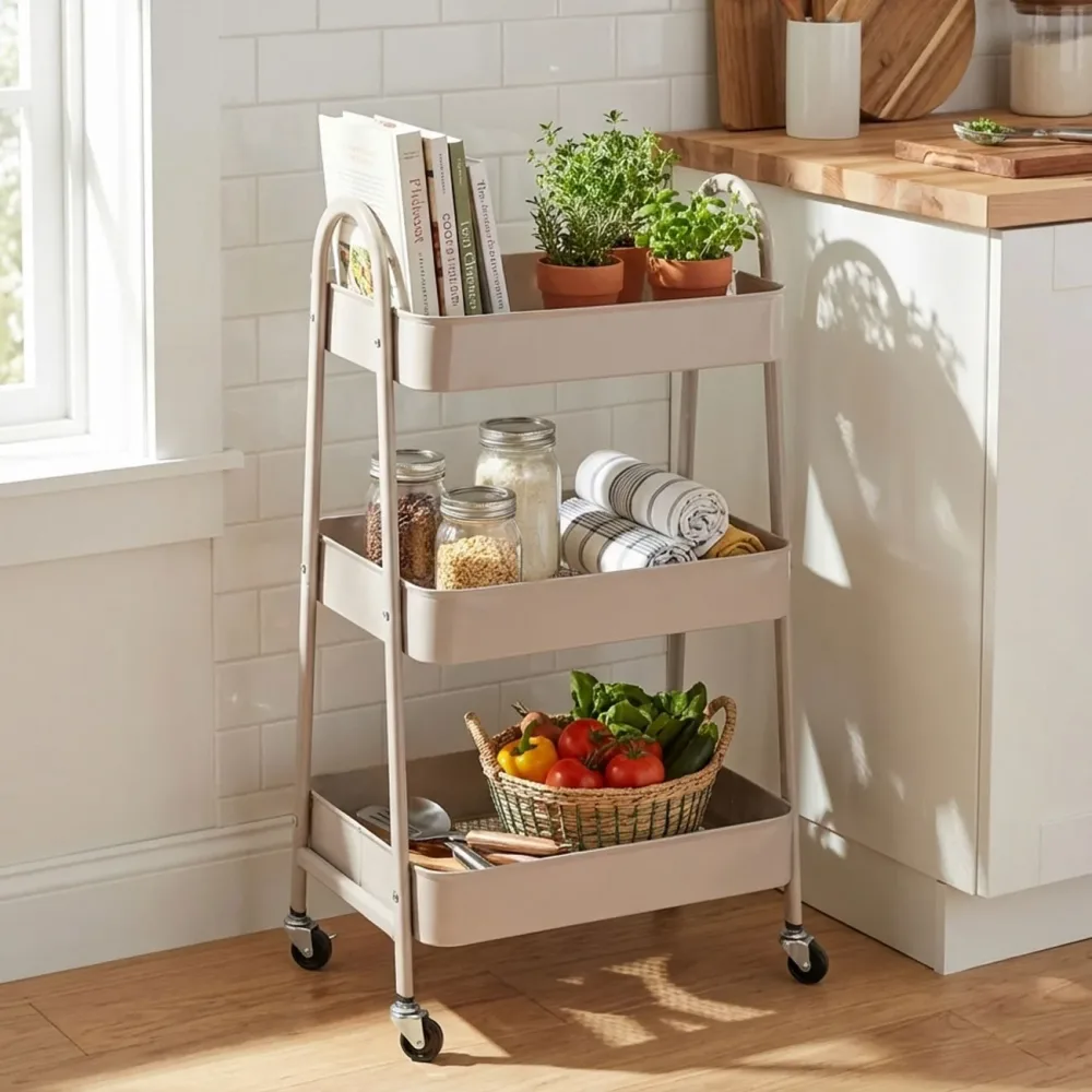 Küchenwagen mit 3-Etagen aus Metall, 44 x 31,5 x 79,5 cm, taupe