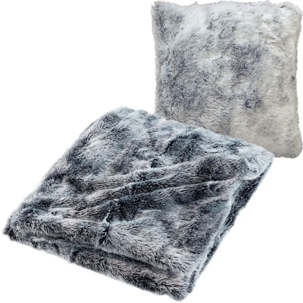 2er-Set Kuscheldecke 180x220cm & Dekokissen 45x45cm in Felloptik, grau