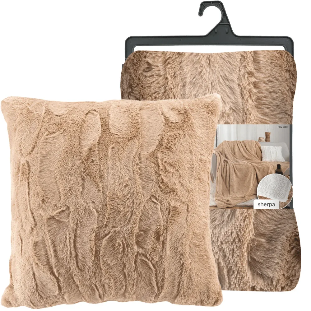 2er-Set Sofadecke 180 x 220 cm & Kuschelkissen 45 x 45 cm in Felloptik, sandfarbe