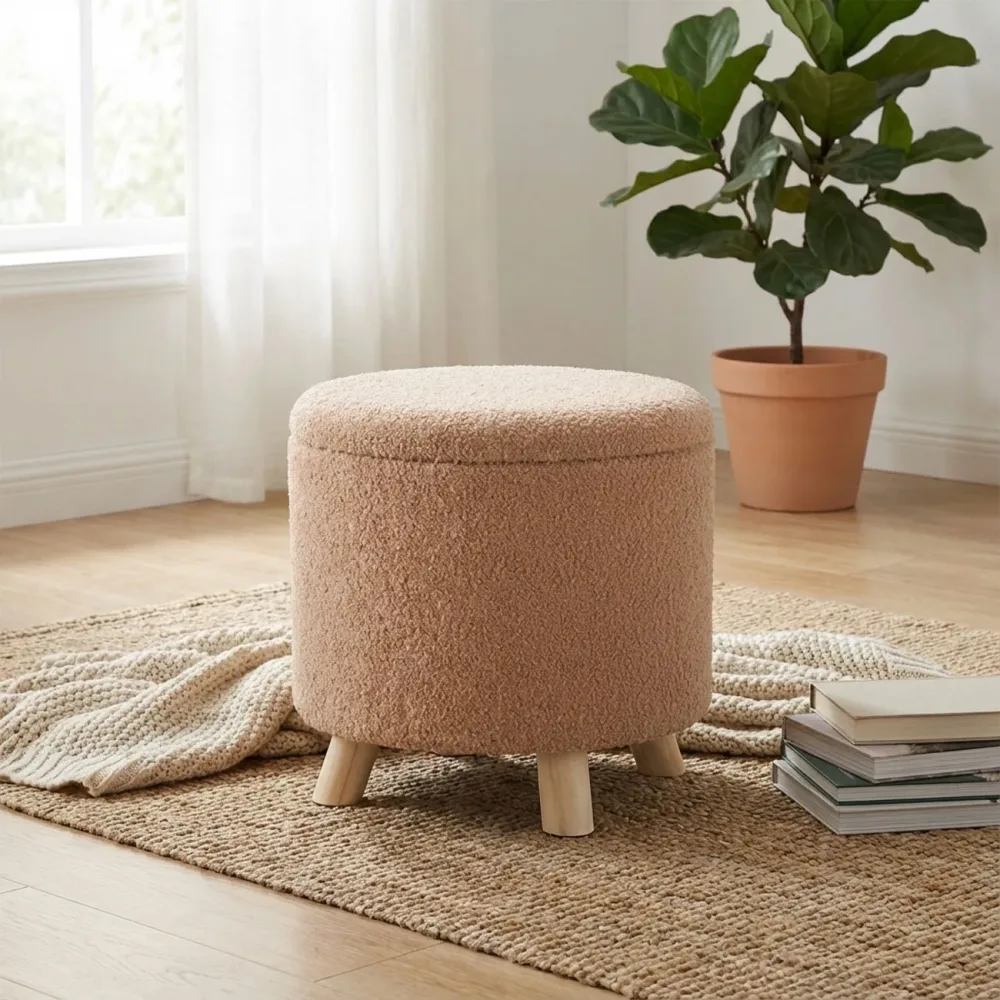 Aufbewahrungshocker, Teddy-Stoff, 40x37cm, 11L Stauraum, 100kg belastbar, beige