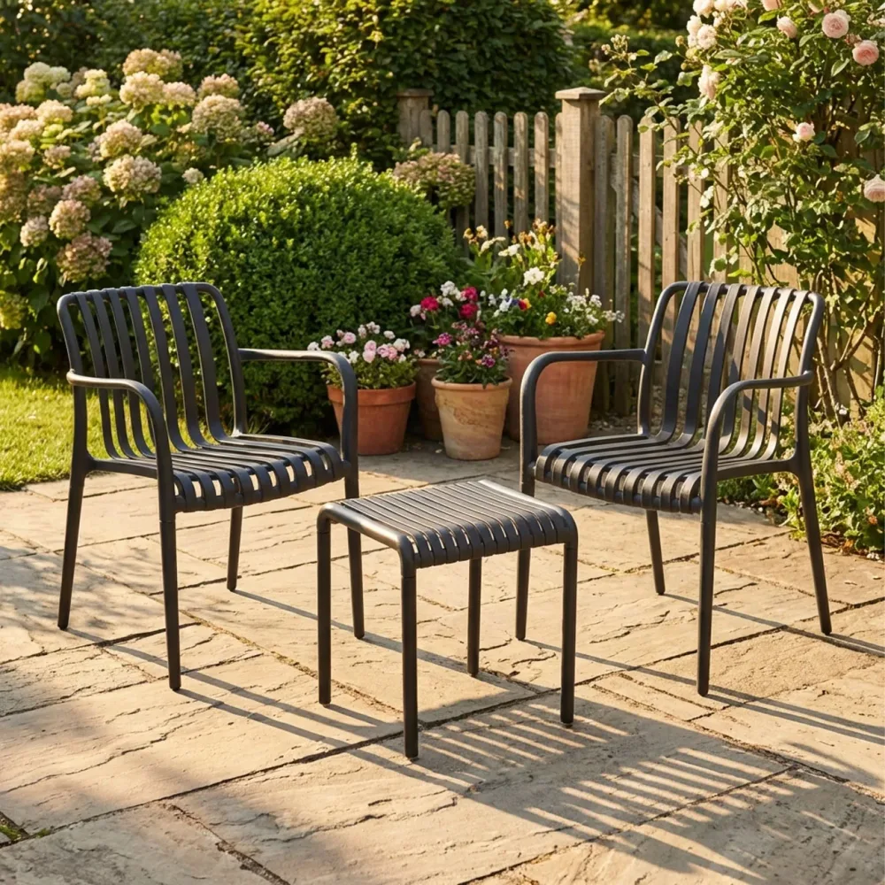 Bistro-Set: 2 Gartenstühle & Beistelltisch, schwarz