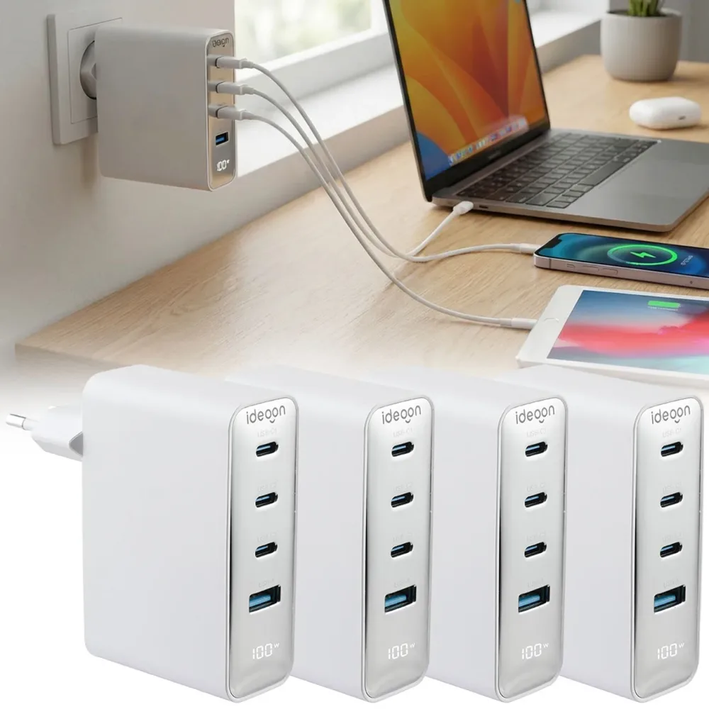 4er-Set 4-Port-USB-Ladegerät, LED-Display, GaN III, 100W