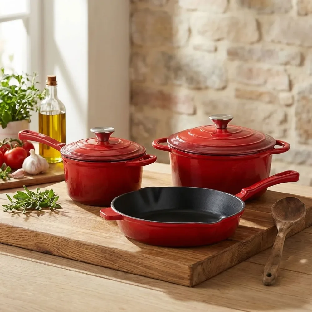 Gusseisen Topfset, 3-teilig, rot