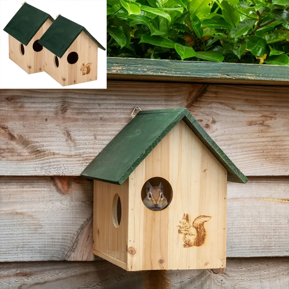 2er-Set Eichhörnchenhaus aus Holz mit 3 Fluchtlöchern, 25x26x28cm