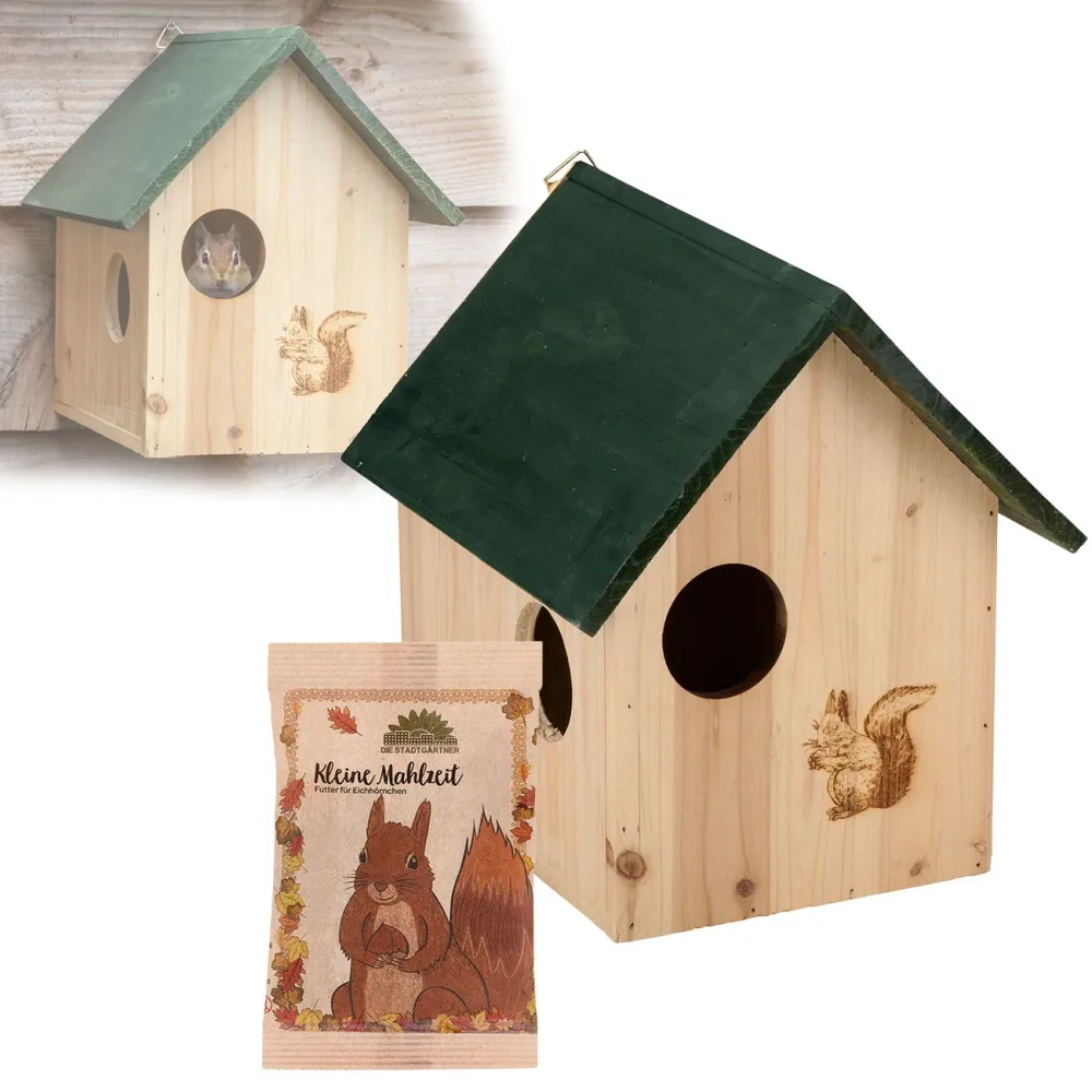 2er-Set Eichhörnchenhaus aus Holz & Eichhörnchenfutter 