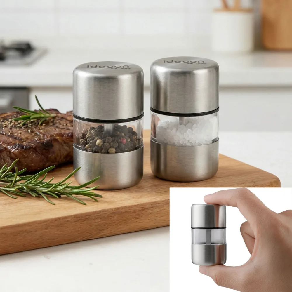 2er-Set Mini Salz-/Pfeffermühle aus Edelstahl mit Keramikmahlwerk