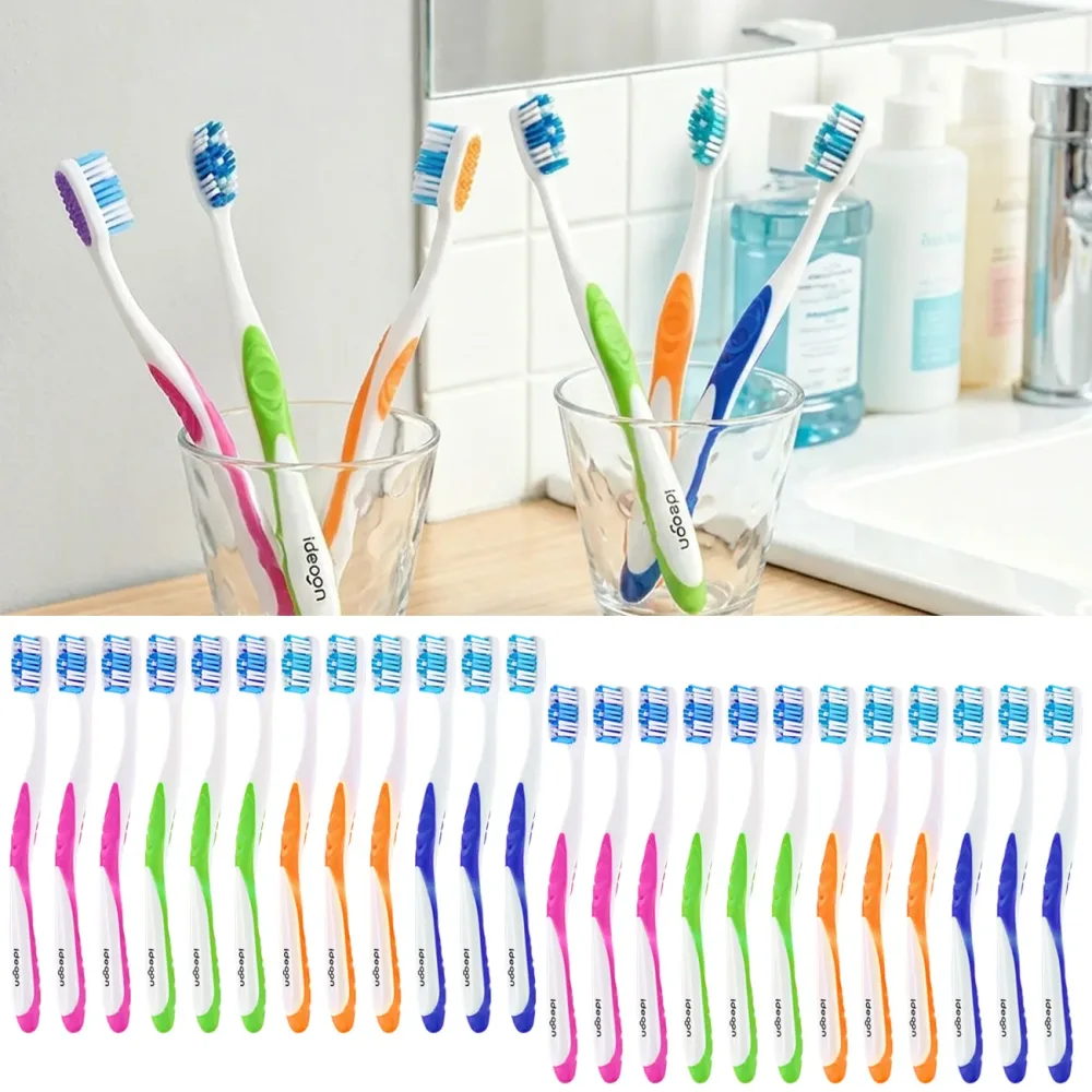 24er-Set Zahnbürsten mit Zungenreiniger, 4 Farben, Ultra-Soft