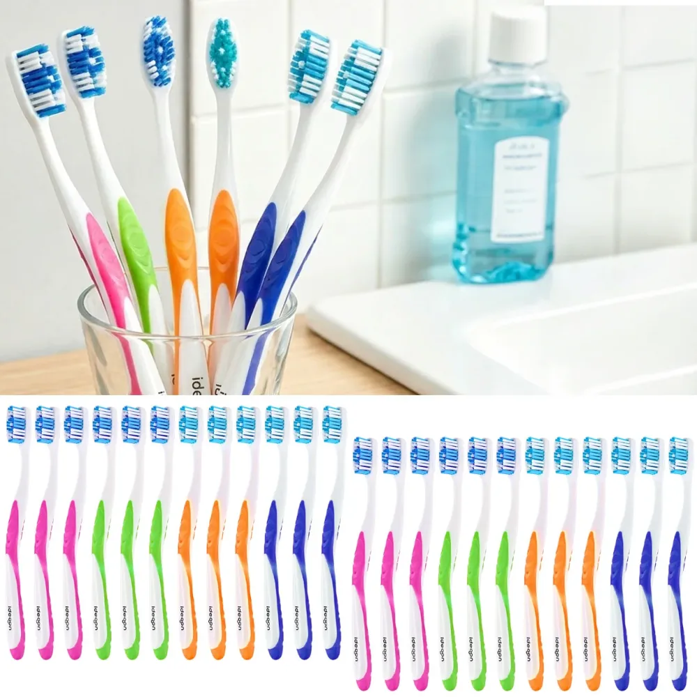 24er-Set Zahnbürsten mit Zungenreiniger, 4 Farben, Hart