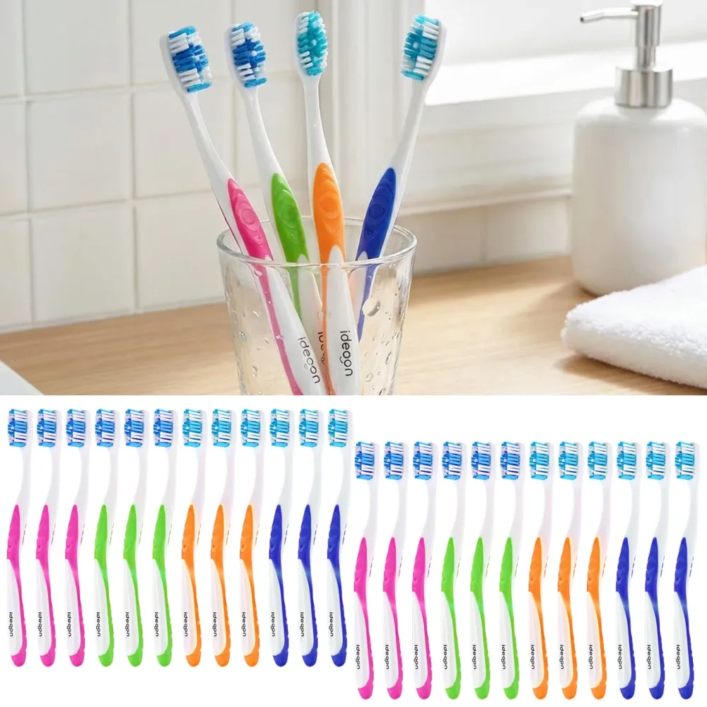 24er-Set Zahnbürsten mit Zungenreiniger, 4 Farben, Medium