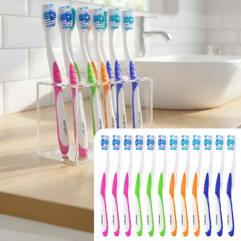 12er-Pack Zahnbürsten mit Zungenreiniger, 4 Farben, Ultra-Soft