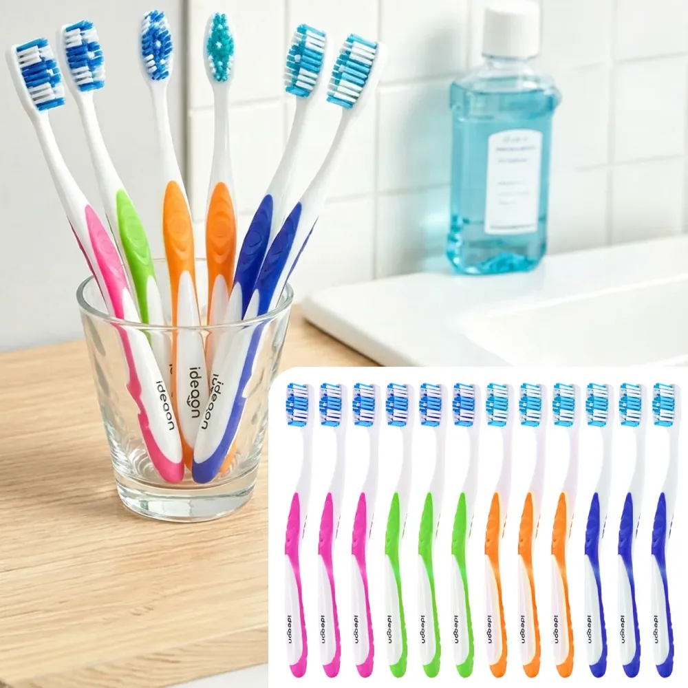 12er-Pack Zahnbürsten mit Zungenreiniger, 4 Farben, Hart