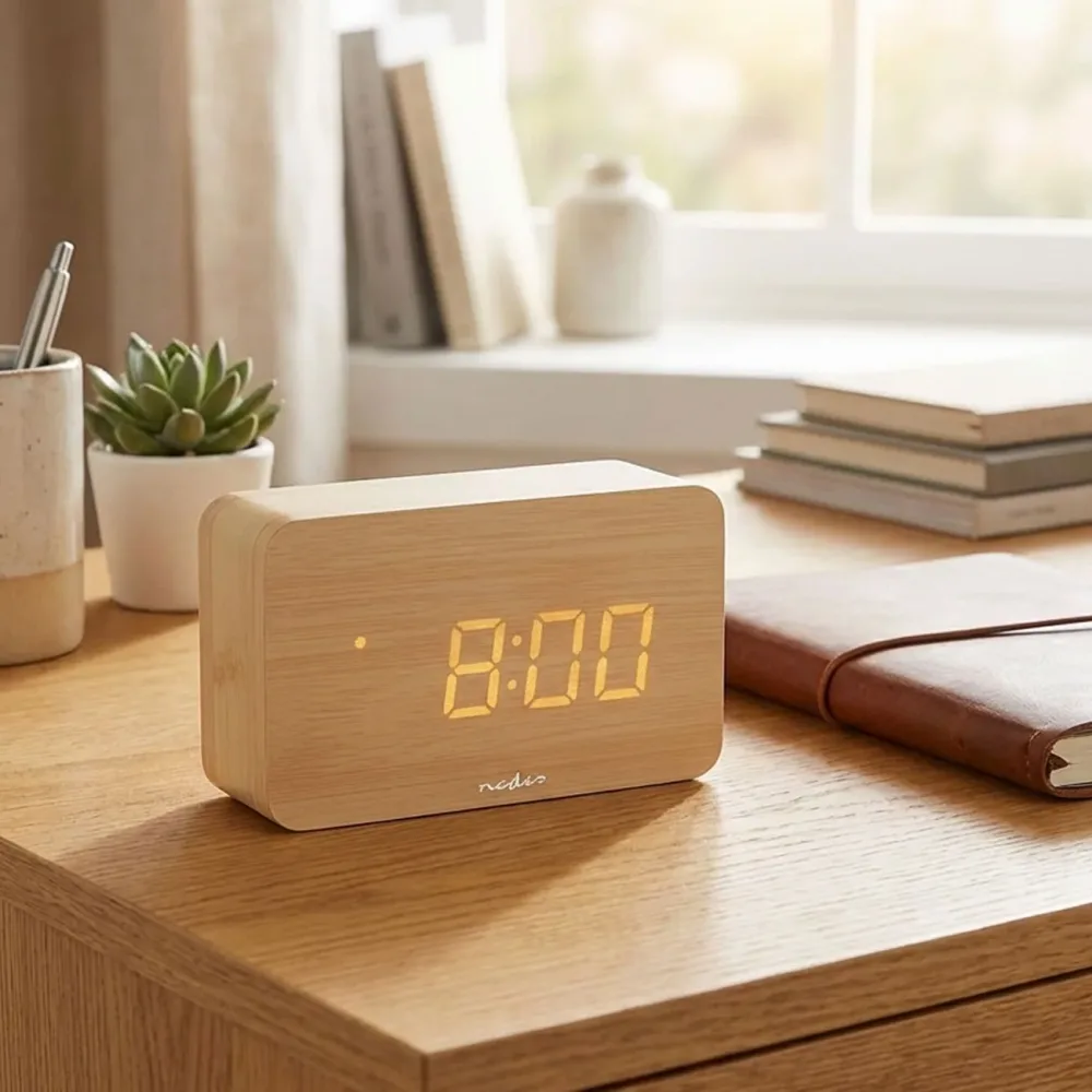 Digital-Wecker in Holz-Optik, LED-Anzeige, Thermometer, USB & Batterie
