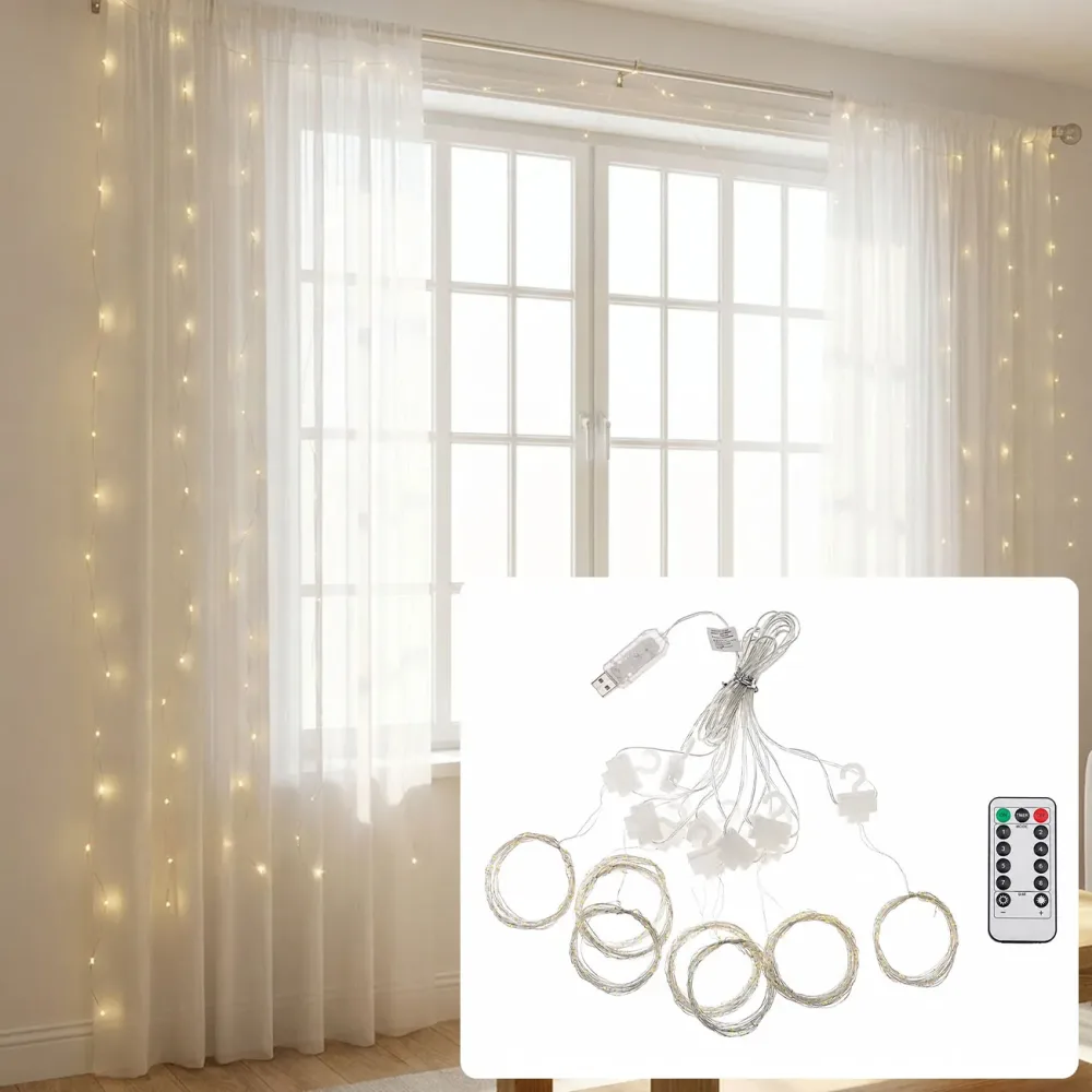LED-Lichtervorhang mit Fernbedienung, warmweiss, 300 LEDs, USB, 3x3m
