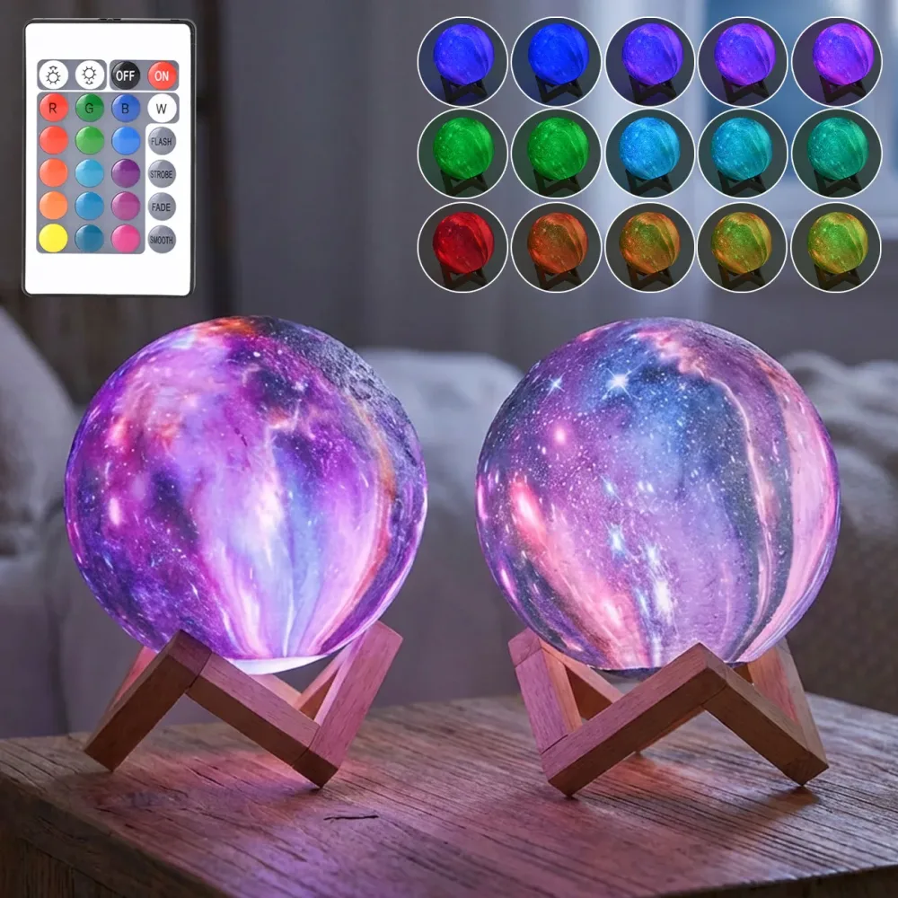2er-Set 3D Galaxy Mond Lampe, dimmbar, 16 Farben & 5 Lichtmodi