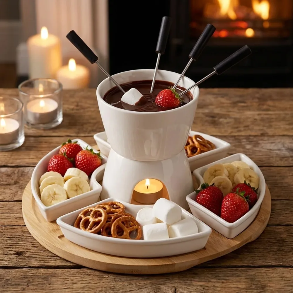 Schokoladen-Fondue-Set 11-teilig mit Bambustablett, Schalen & Gabeln