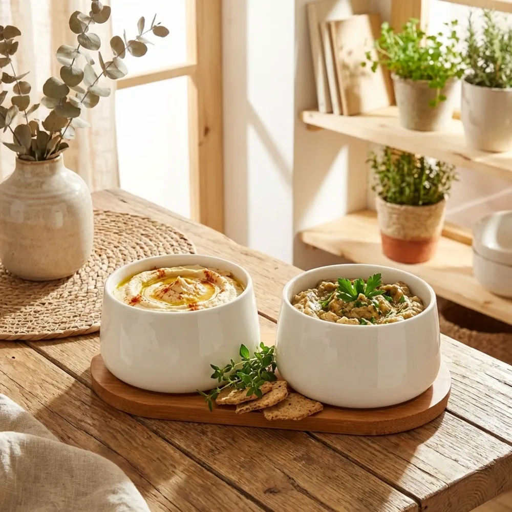 Tapas Schüsseln Set in Weiss mit Bambus-Tablett, 3tlg., je 200 ml