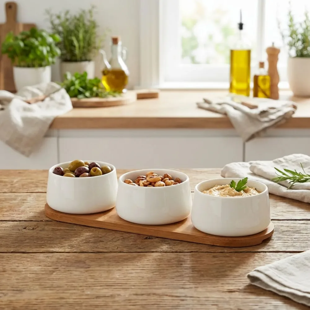 Tapas Schüsseln Set in Weiss mit Bambus-Tablett, 4tlg., je 200 ml