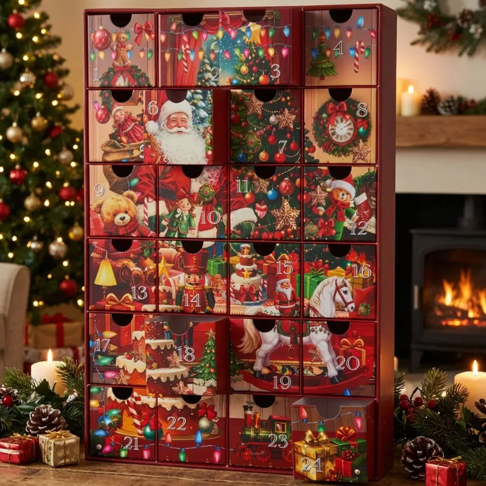 Adventskalender mit Weihnachtsmann-Motiv, 25,7x6,4x38,3 cm