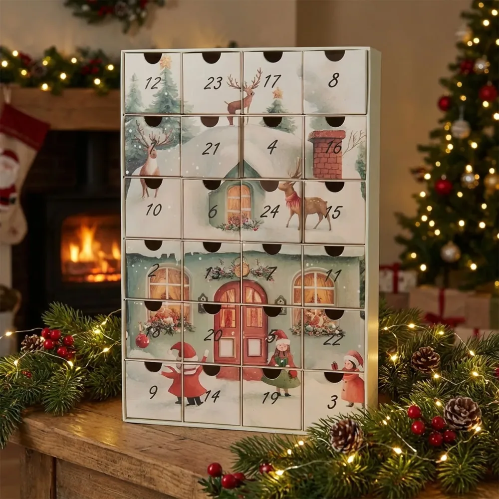 Adventskalender mit Häusermotiv, 25,7 x 6,4 x 38,3 cm