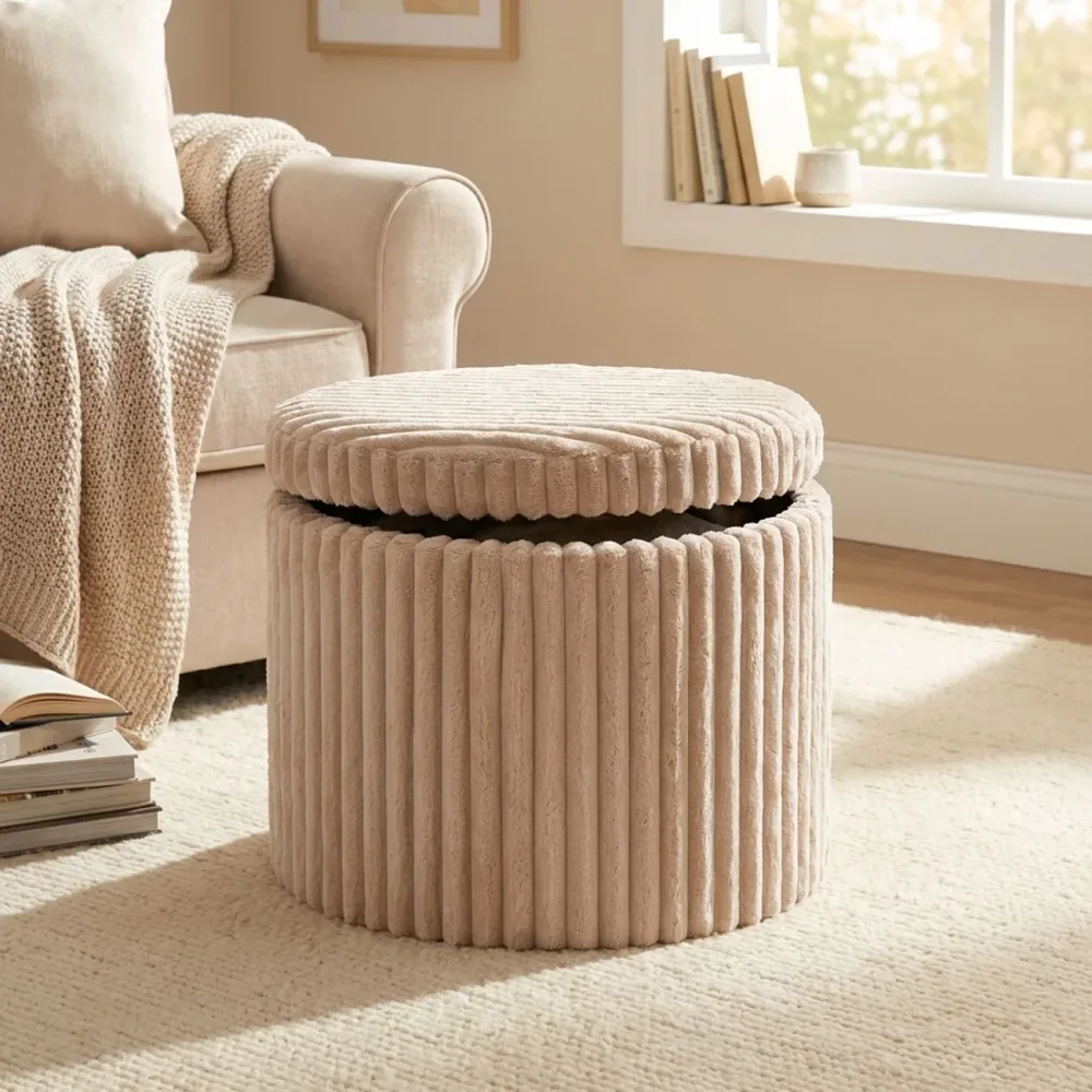 Runder Hocker mit Stauraum, 52 x 52 x 38,5 cm, beige