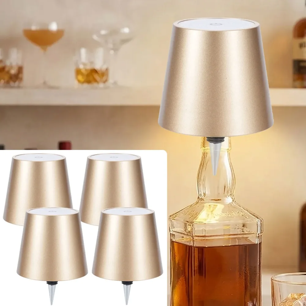 4er-Set Akku Flaschenleuchte, dimmbar, 3 Lichtfarben, gold