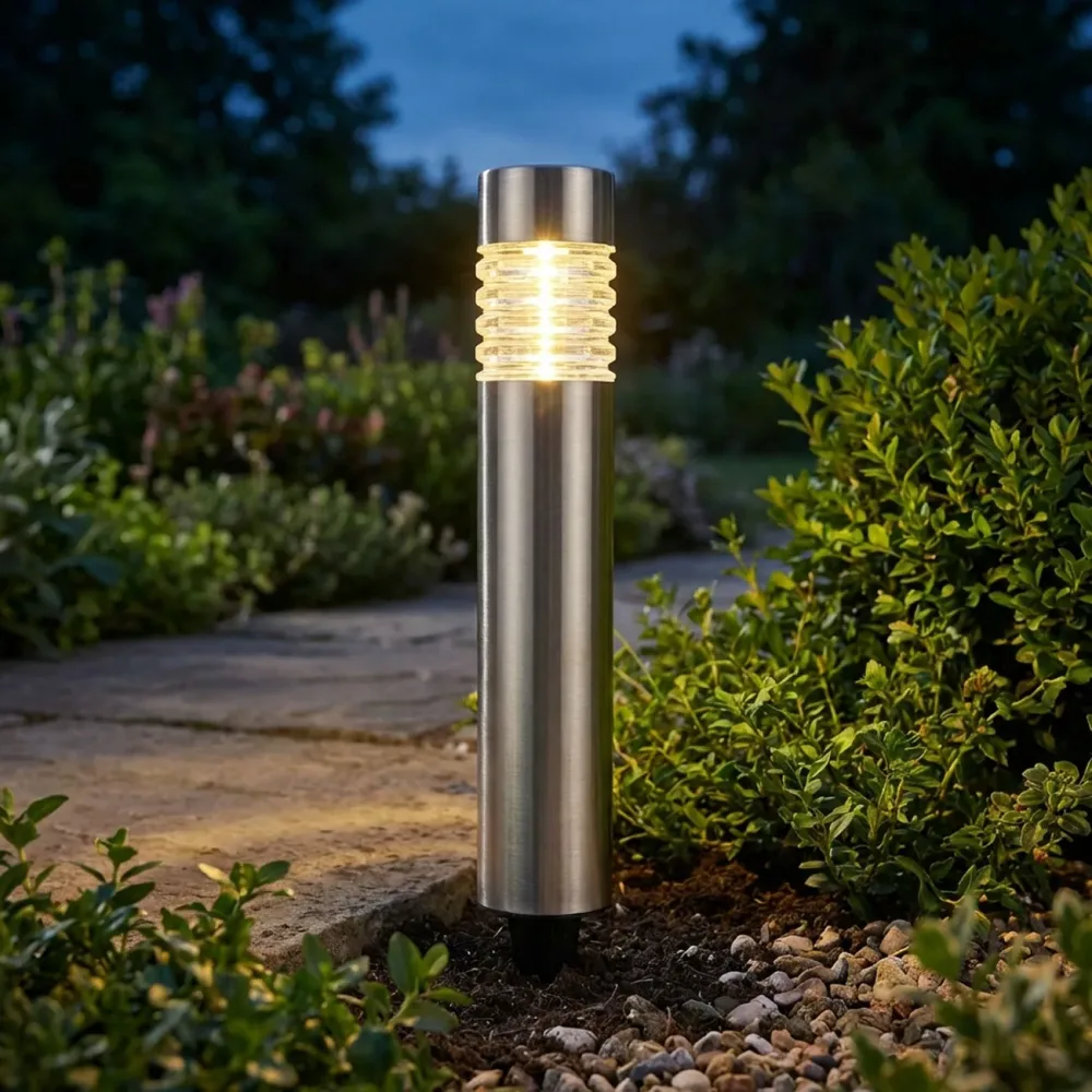 Solarleuchte aus Edelstahl mit Erdspiess, warmweiss