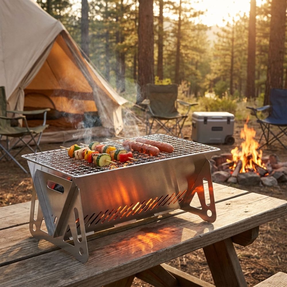 Mobiler Mini Holzkohlegrill aus Edelstahl, 28x15 cm