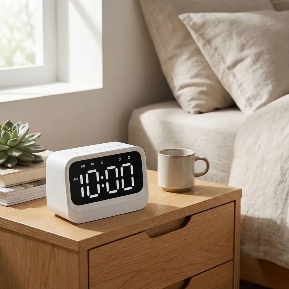 Digitaler Wecker, Bluetooth Lautsprecher, Doppelalarm, LCD Display, weiss