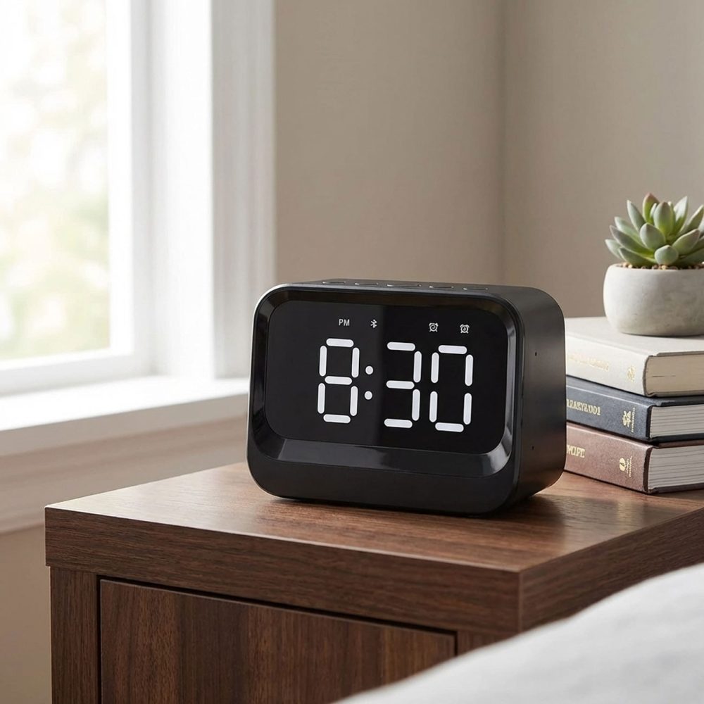 Digitaler Wecker, Bluetooth Lautsprecher, Doppelalarm, LCD Display, schwarz