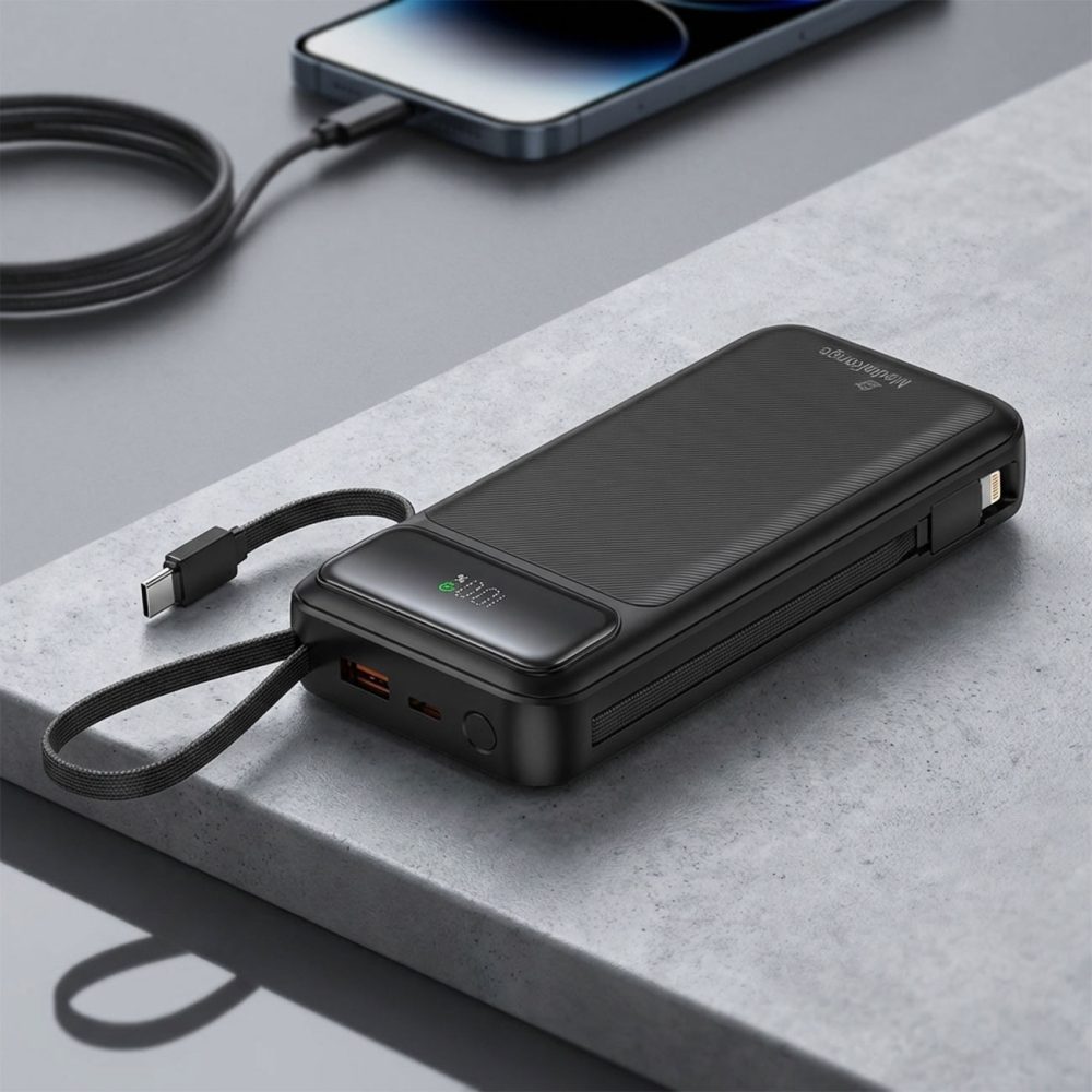 Powerbank 20.000mAh mit integrierten Kabeln, USB-C PD & Quick Charge, LCD, schwarz