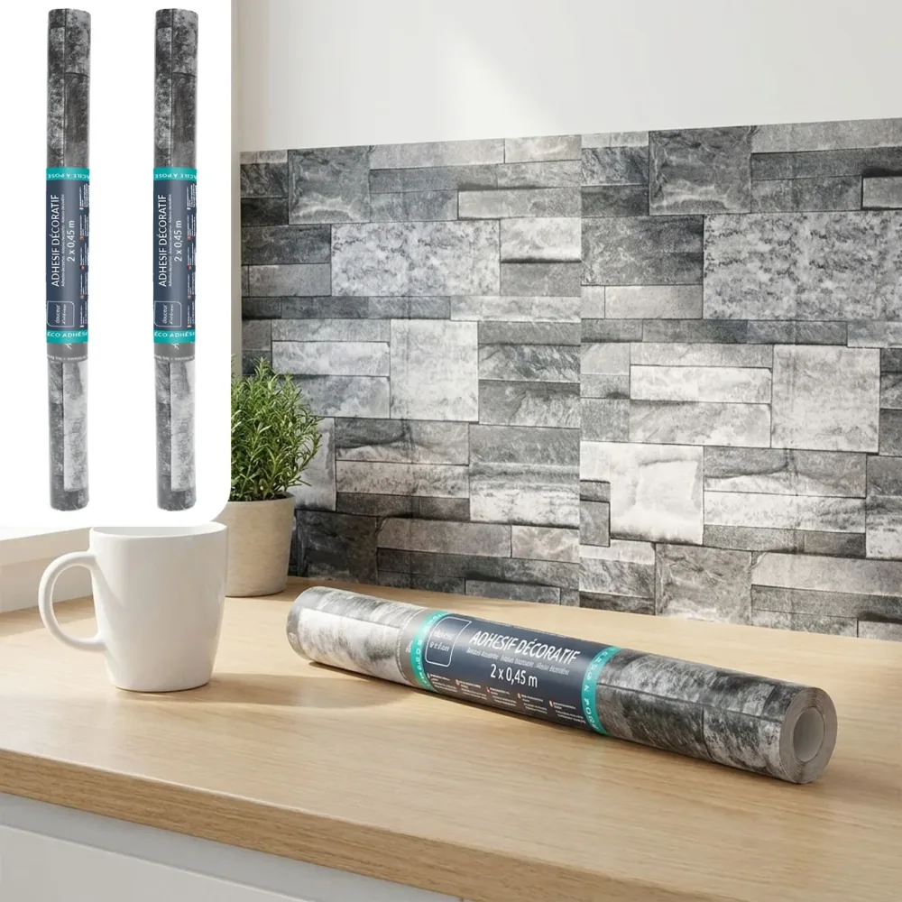 2er-Set Klebefolie in Backsteinoptik, 45 x 200 cm, grau