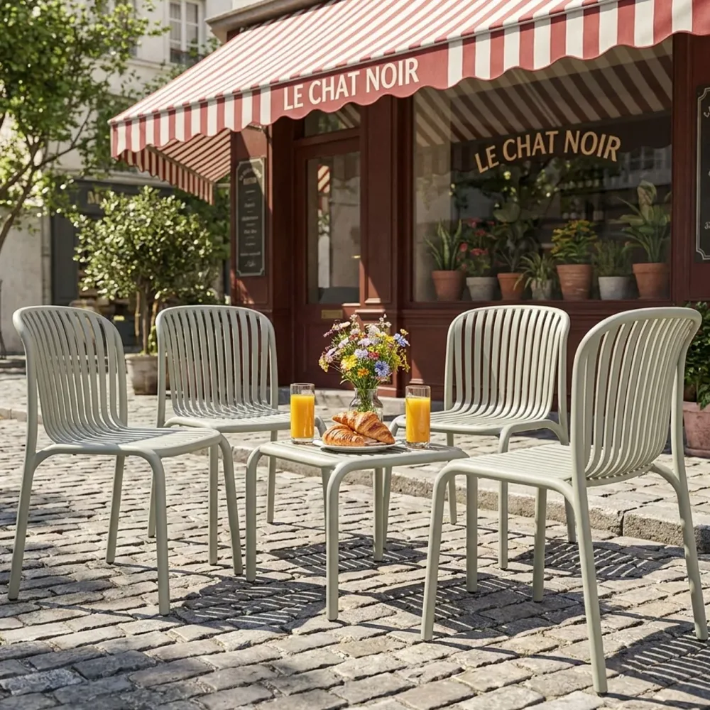 Set: 4 Gartenstühle und ein Beistelltisch, Bauhaus-Optik, beige