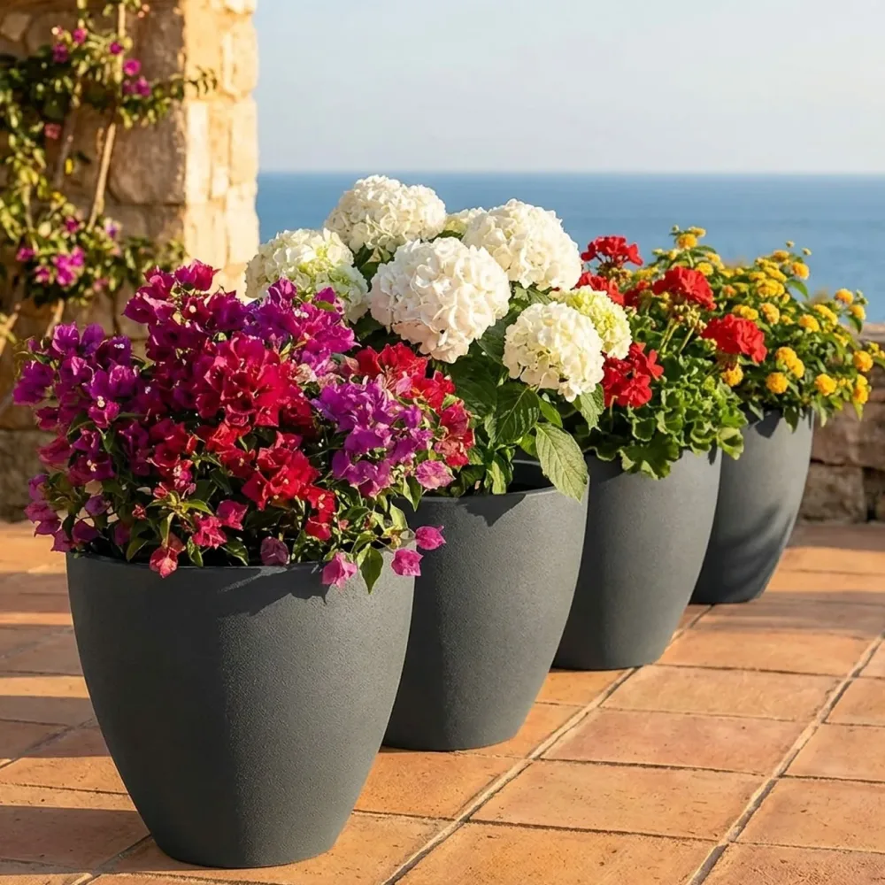 4er-Set Blumentopf rund, 38cm, graphit