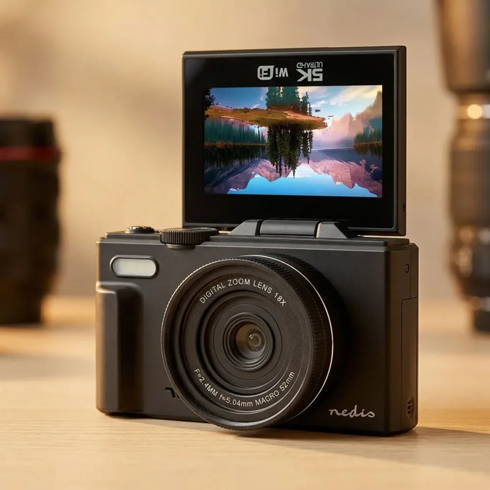 Digitale 4K Fotokamera, WiFi, Flip Screen & 75MP, schwarz