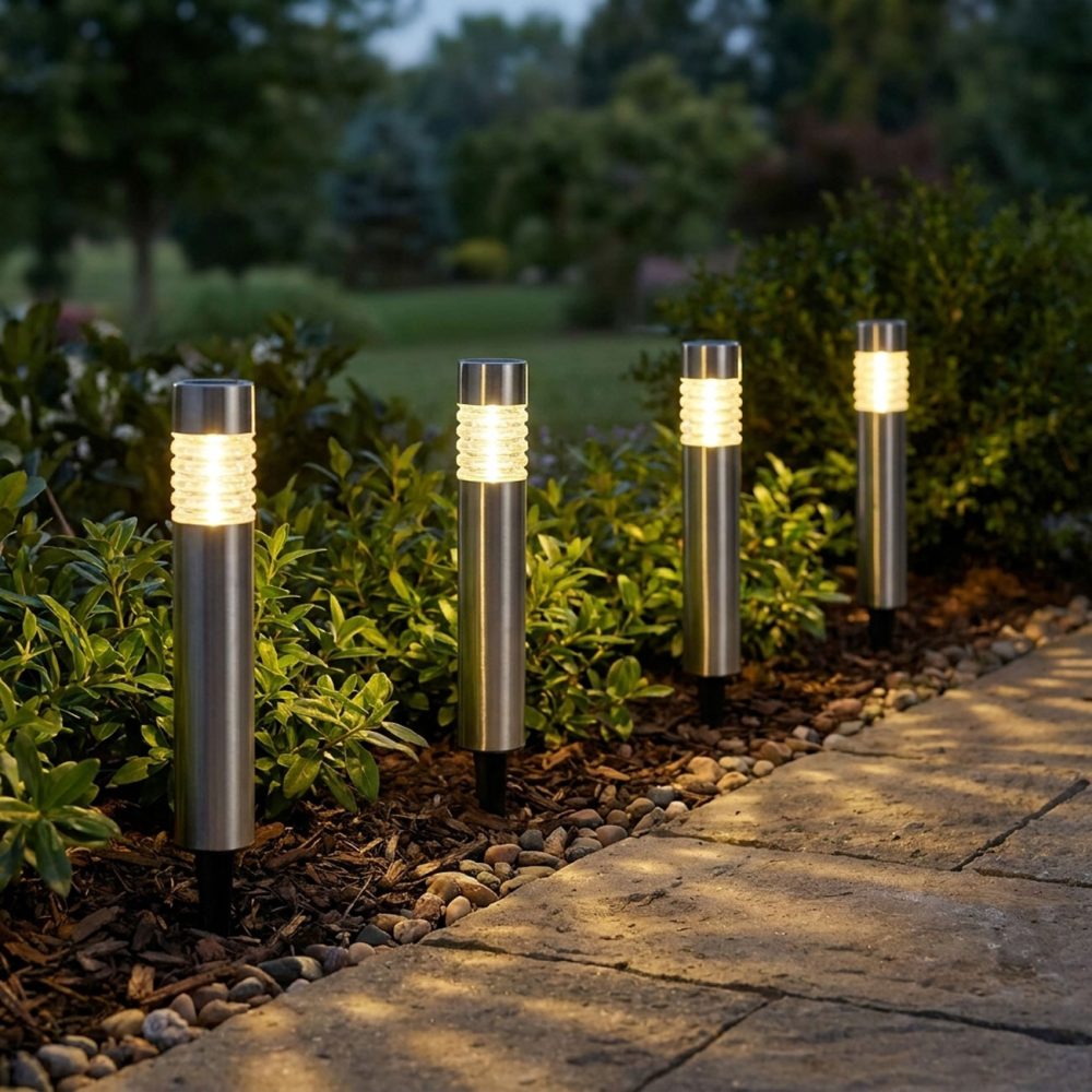 4er-Set Solarleuchte aus Edelstahl mit Erdspiess, warmweiss