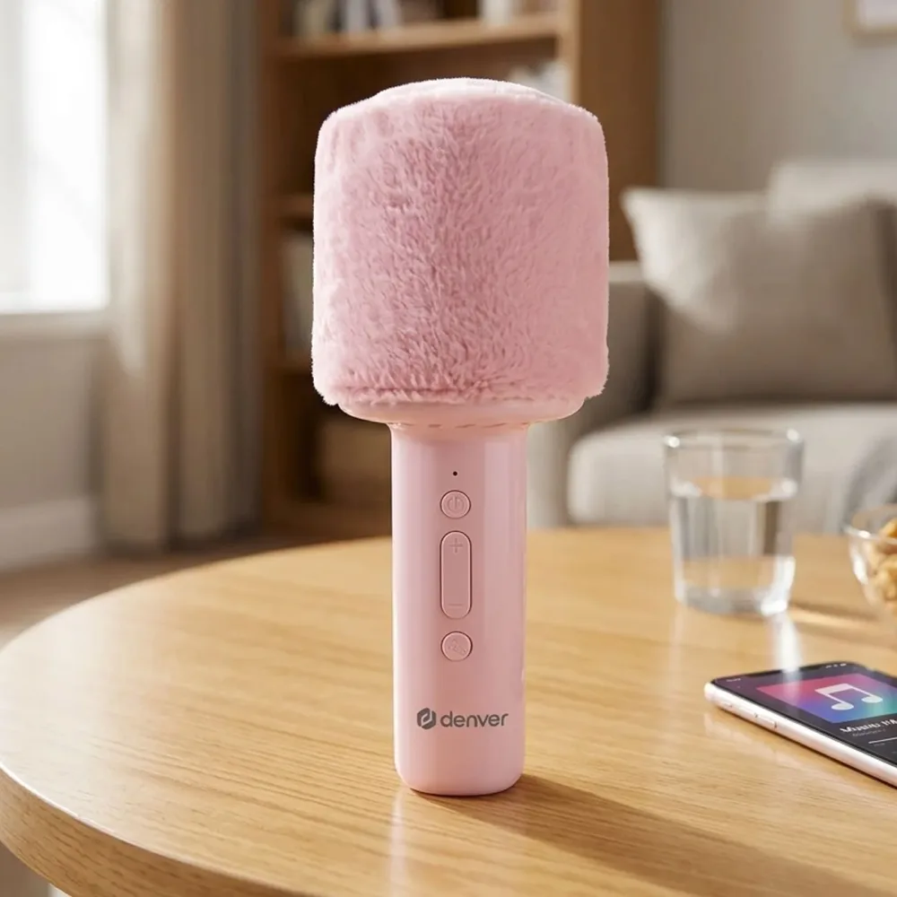 Bluetooth Karaoke Mikrofon mit Lautsprecher, flauschige Oberseite, 50W, rosa