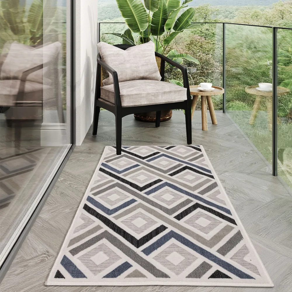 Outdoorteppich mit Rautenmuster, grau-marineblau, 80x150cm