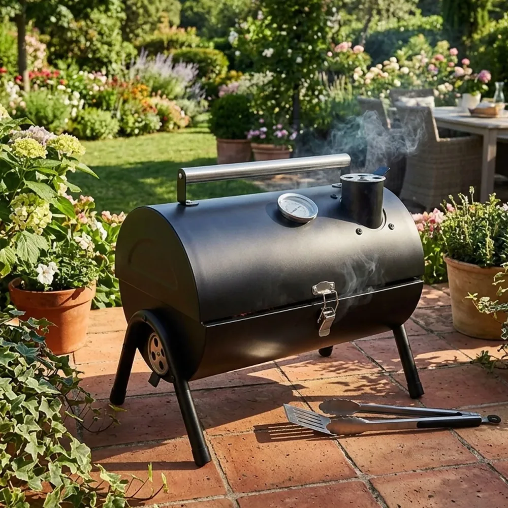 Kompakte Grilltonne mit Thermometer, schwarz