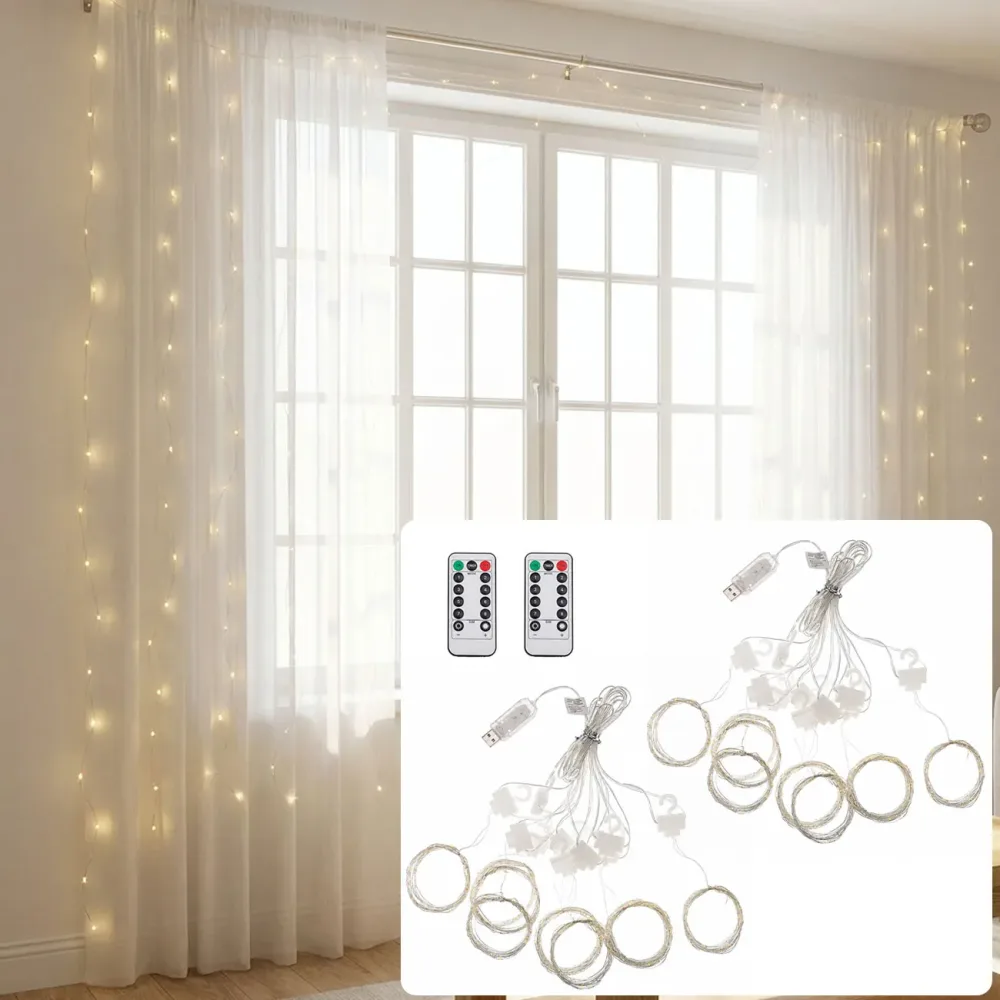2er-Set LED-Lichtervorhang mit Fernbedienung, warmweiss, 300 LEDs, USB, 3x3m