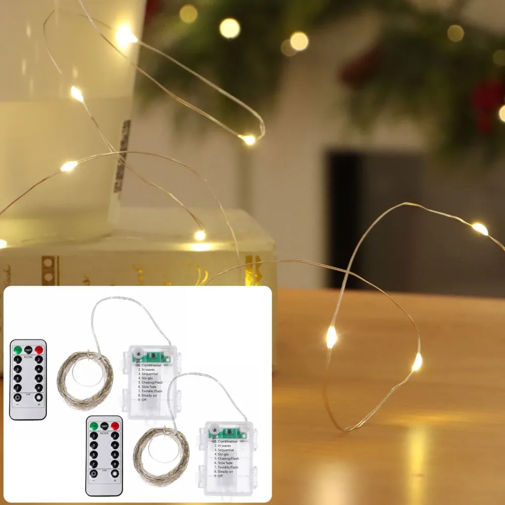 2er-Set LED-Micro-Lichterkette, 100 warmweisse LEDs, Batterie, 10 m