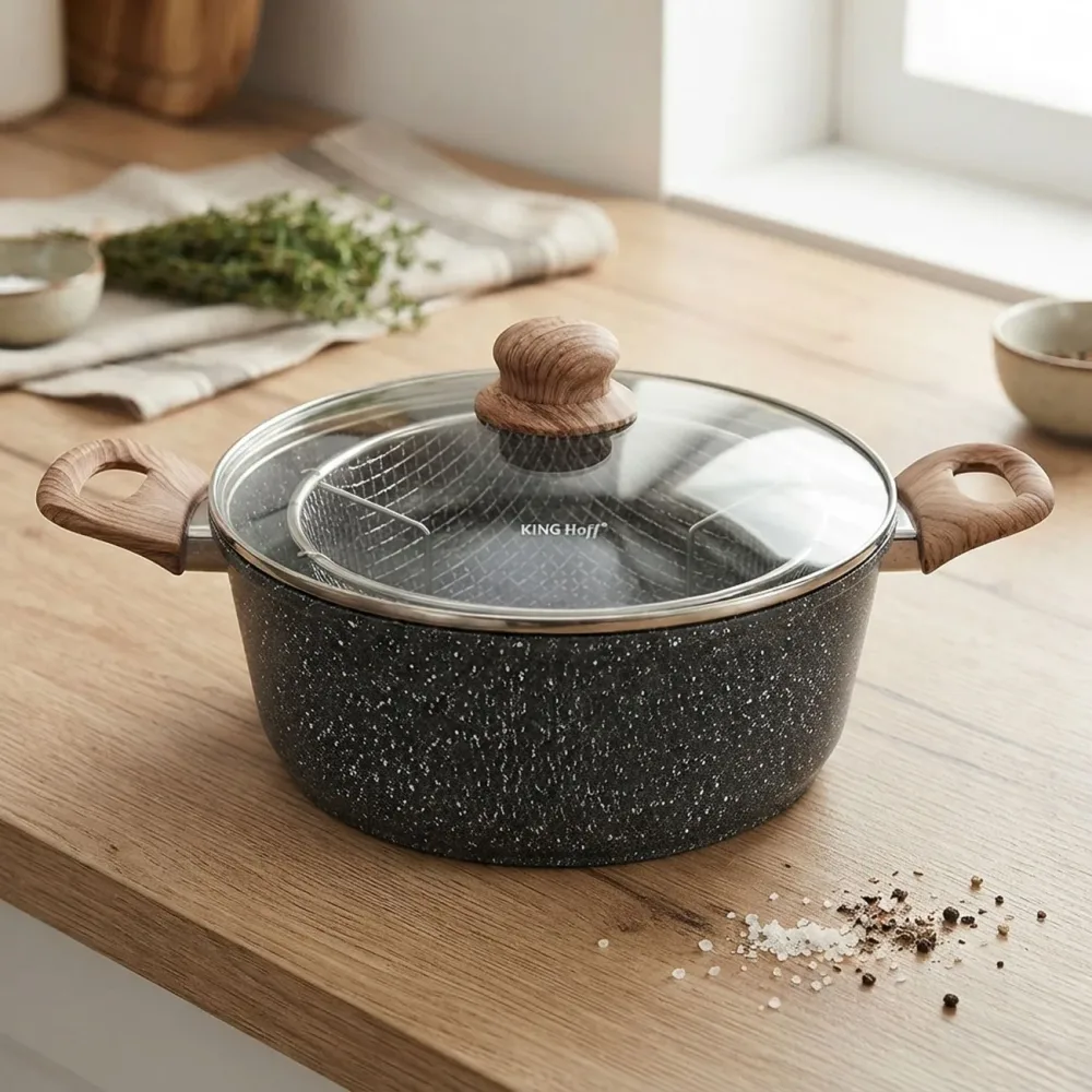 Bratentopf mit Korb & Glasdeckel, Ø24 cm, 4L, schwarzer Marmor