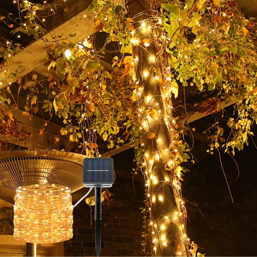 Kupferdraht Lichterkette, solarbetrieben, 22 m, 200 warmweisse LEDs, IP44